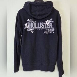 Hollister Black Hoodie With Grey+White Floral Embroiderey Unisex Womens L Mens M